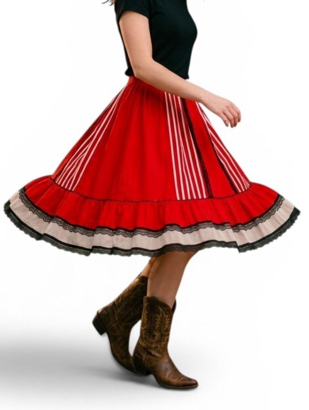 Vintage Red White Striped Lolita Gothic Midi Skirt Ruffle Lace Trim Circus S/M